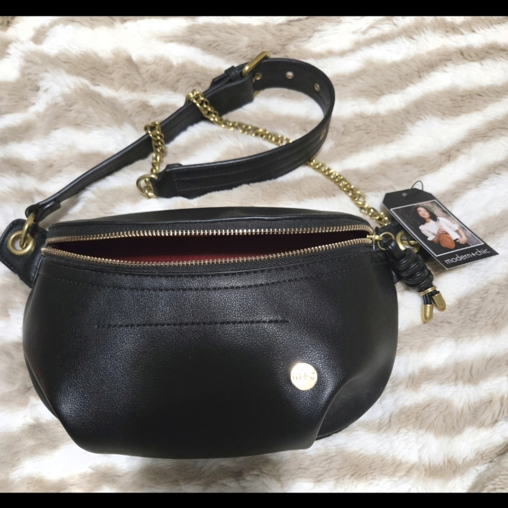 Modern + Chic Black Leather Crossbody Belt Bag with Gold Chain